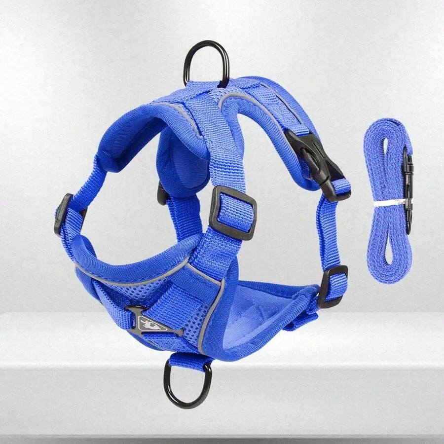 Reflective pet harness and leash set for dogs and cats, adjustable small dog chest strap with soft mesh and escape-proof design.