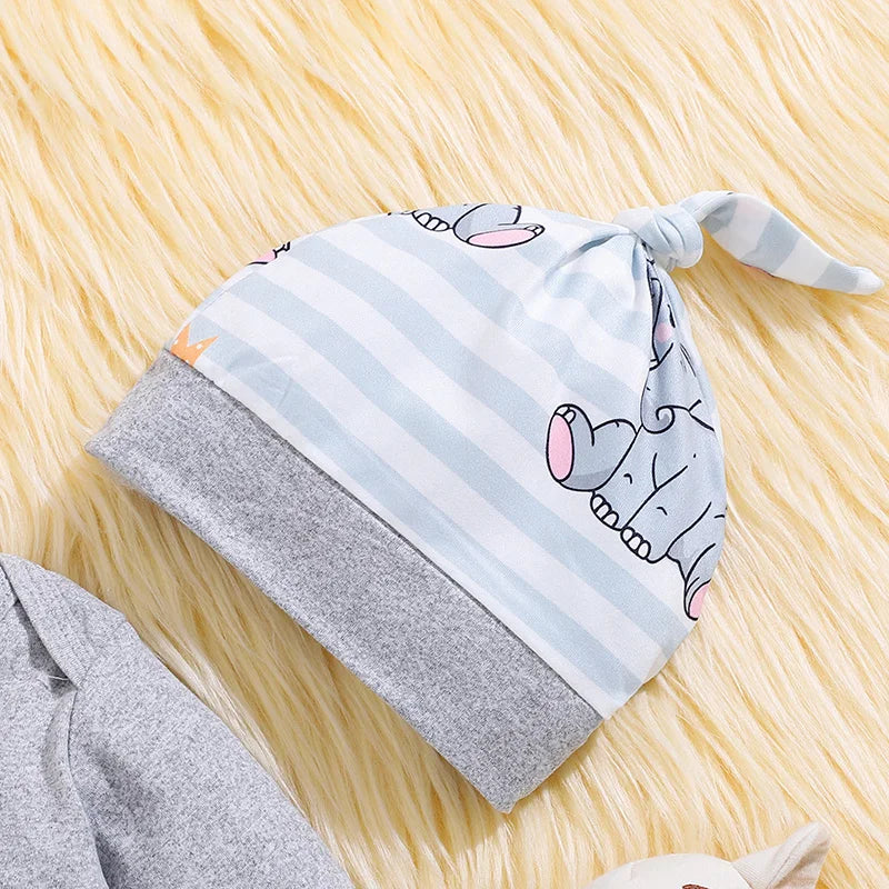 Baby Elephant Print Outfit Set 3-Piece – Romper, Pants & Hat - I YAN