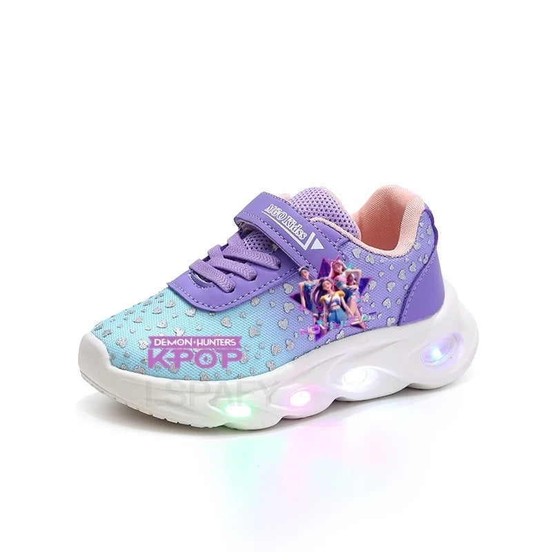 Kpop Demon Hunter LED Light Up Shoes 2026 Spring Autumn Mesh Soft Sole Cartoon Sneakers for Baby Girls Toddlers