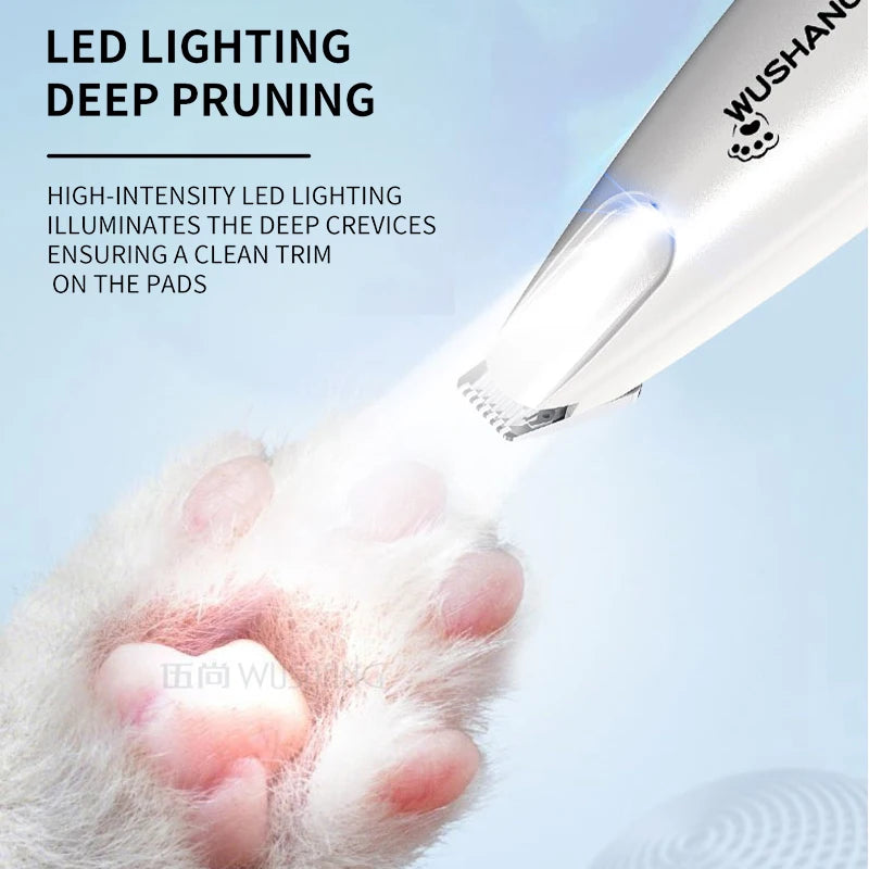 I YAN pet grooming trimmer with LED light, waterproof, low noise hair clipper for dogs and cats, showing the device in use.