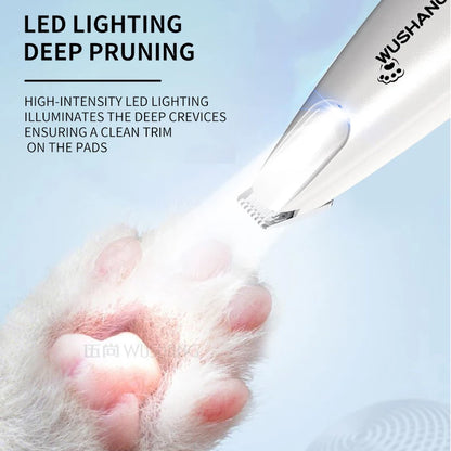 I YAN pet grooming trimmer with LED light, waterproof, low noise hair clipper for dogs and cats, showing the device in use.