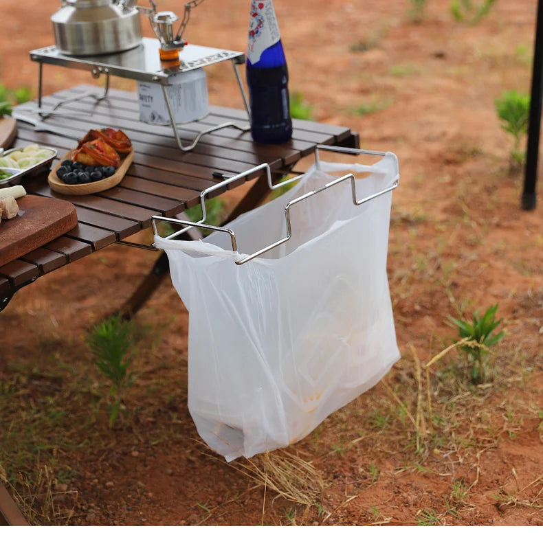Portable Stainless Steel Camping Trash Holder - Foldable Table Stand for Picnic, BBQ & Outdoor, Eco-Friendly Garbage Bag Rack