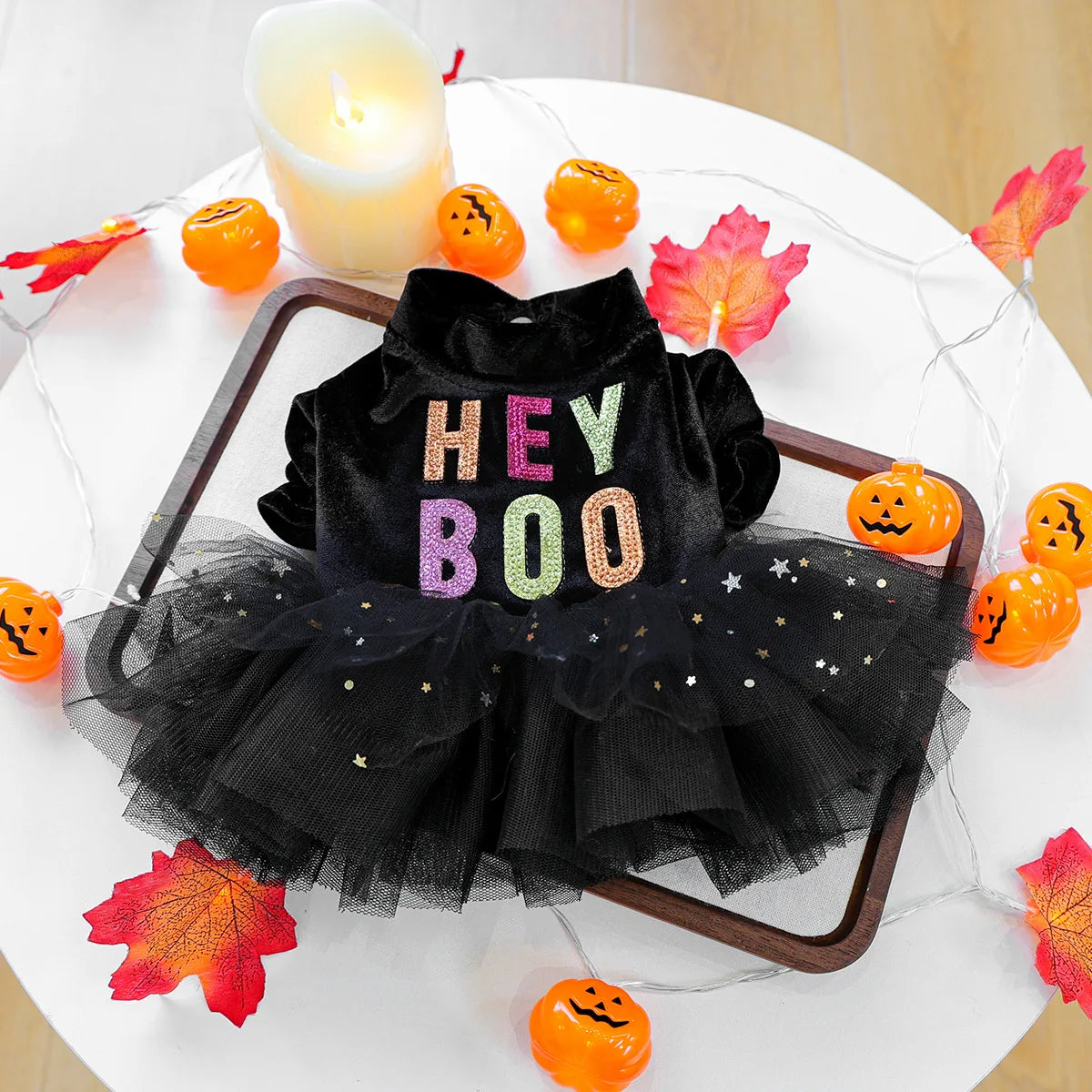 Cute small dog wearing I YAN funny puppy autumn winter Halloween bubble sleeve pet dress for Dachshunds and Pomeranians.