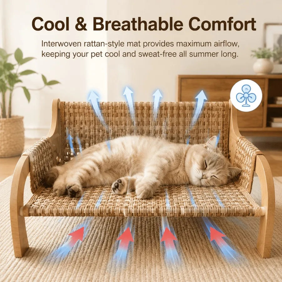Cat Sofa Bed for Indoor Cats, Elevated Cat Couch with Wooden Frame, Washable Fluffy Cushion, Cooling Mat Cushion, Raised Pet Be