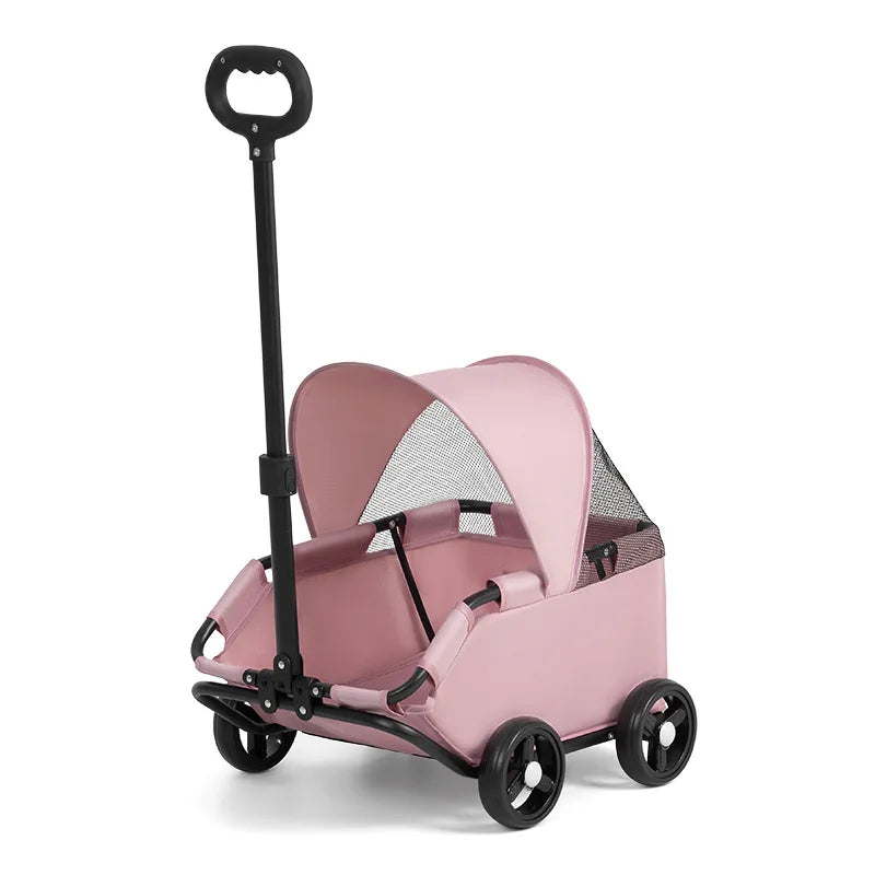 I YAN 4-wheel pet stroller with UV sun canopy, breathable mesh window, adjustable handle, suitable for small dogs, cats, puppies.