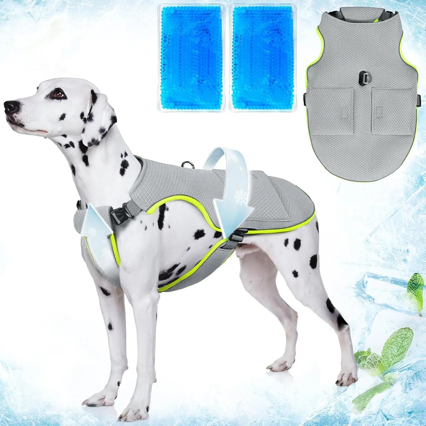 I YAN dog cooling vest with two gel ice packs, featuring evaporative and ice pack cooling for small, medium, and large dogs.
