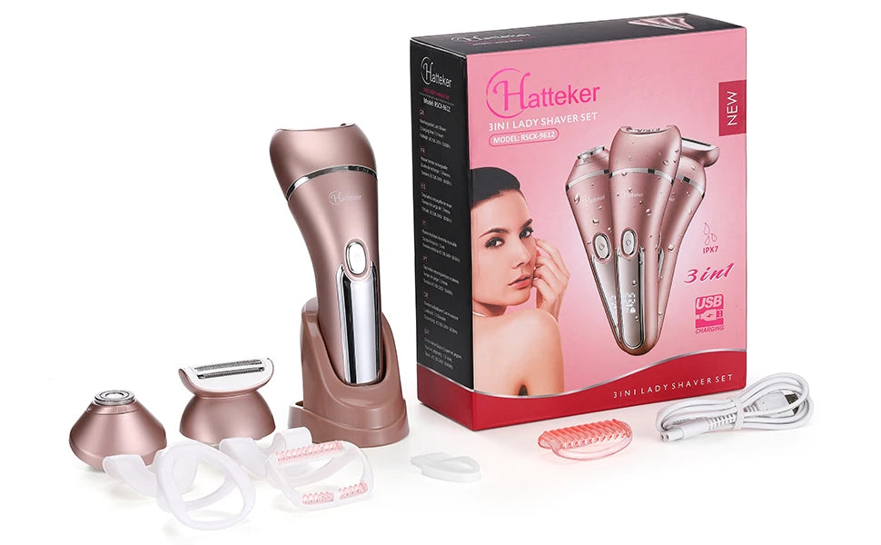 HATTEKER Women Multi-Function Electric Hair Remover Home Use Three-in-One Waxing Tool Washable Full Body Intimate Trimmer Razor
