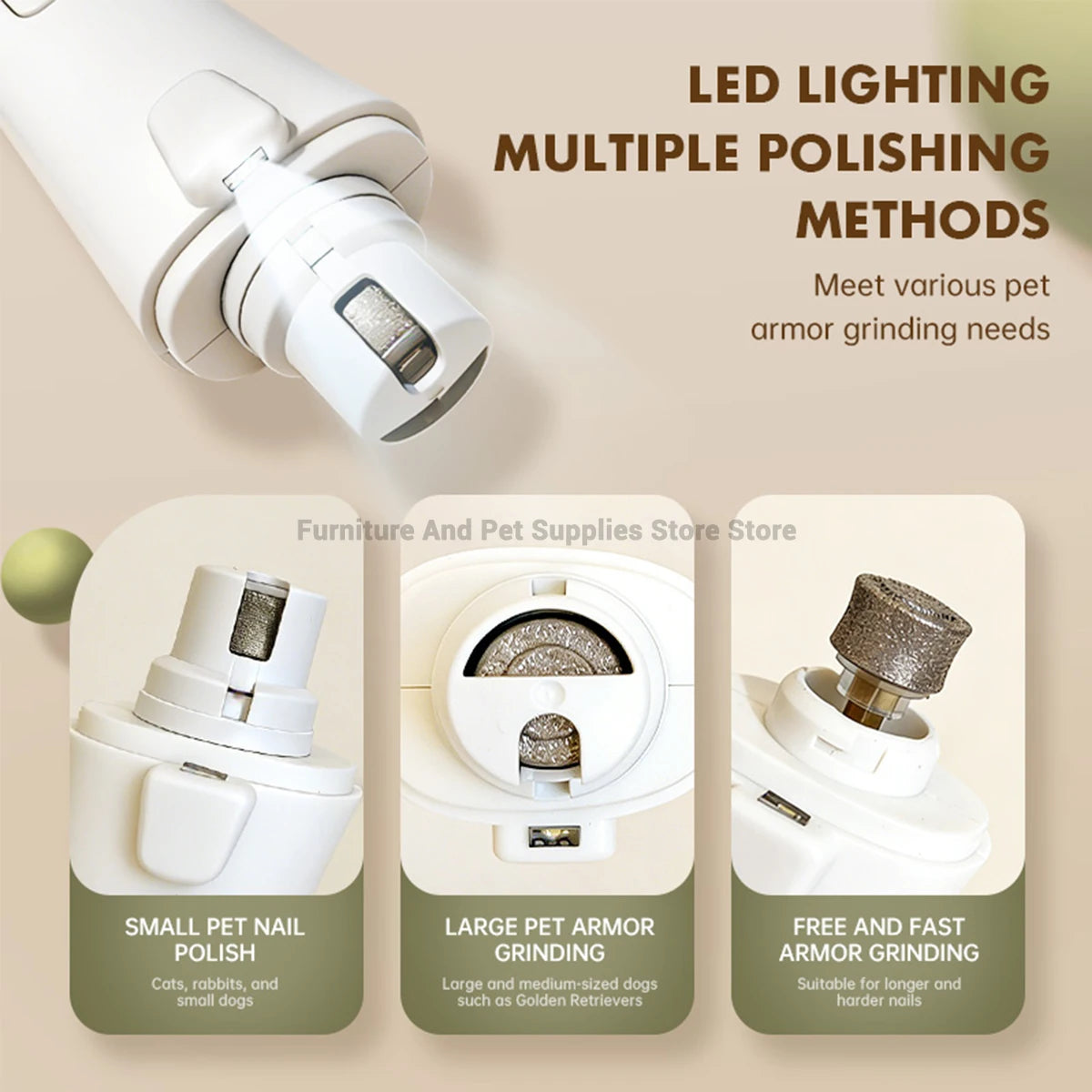I YAN 2-in-1 electric pet nail trimmer with LED lights, suitable for dogs and cats of all sizes, featuring a grinding and trimming tool.