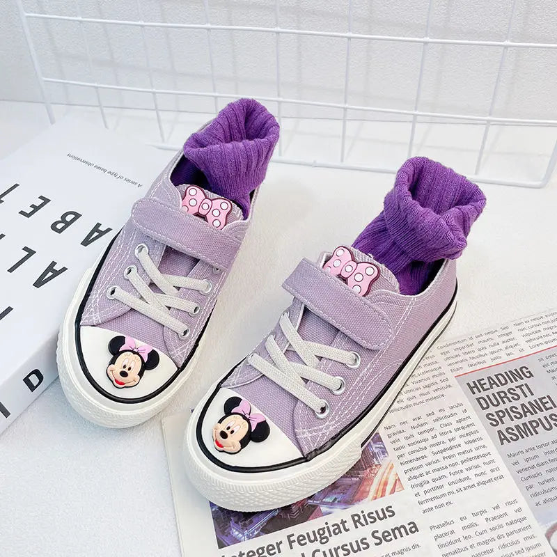 Disney Girls' Canvas Casual Shoes Soft Sole High Top Cartoon Mickey Mouse Minnie Purple White Breathable Shoes Flats Size 24-37