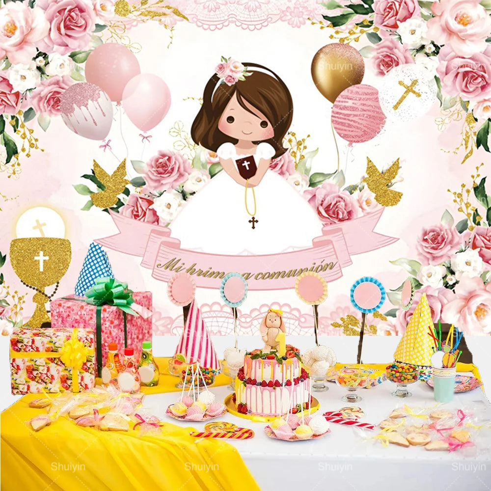 Boy Girl First Communion Backdrop Gold Cross Grail God Bless Baptism Party Decor Background Christening Baby Shower Photo Props