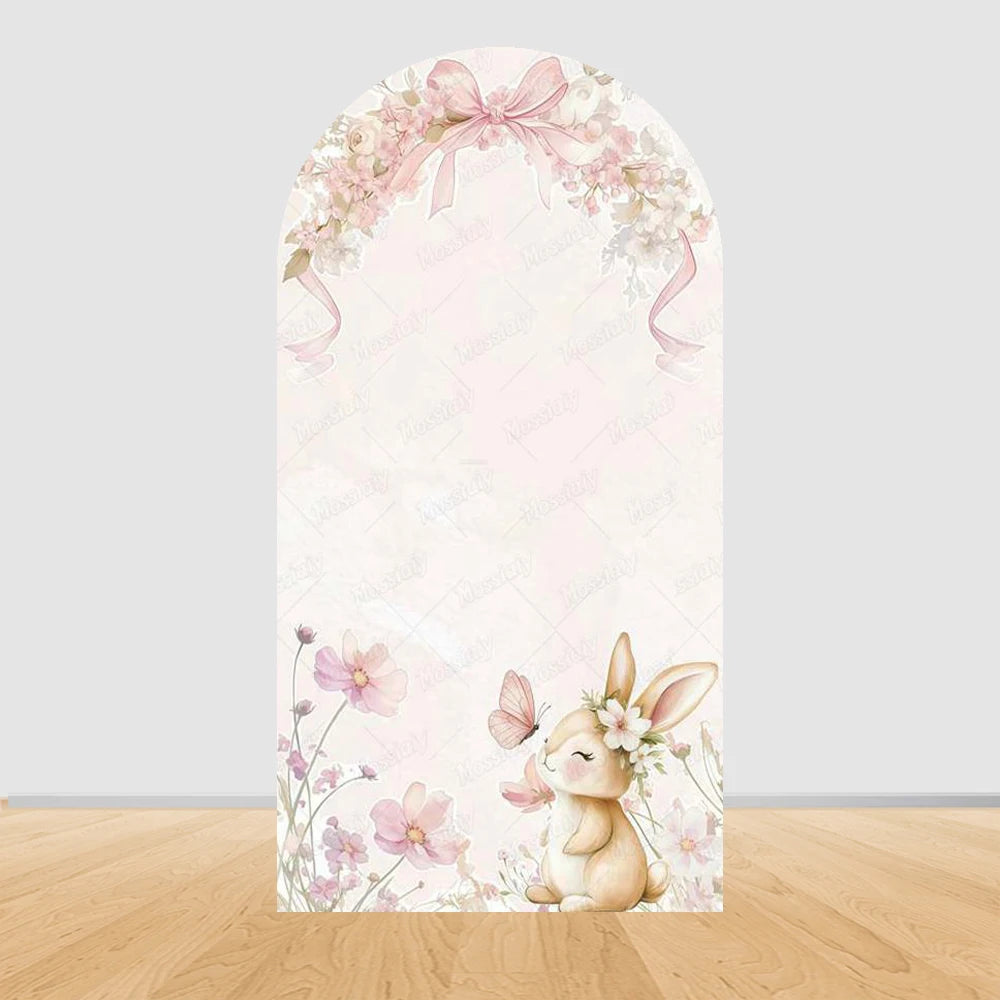 Little Rabbit Pink Flower Bow Baby Girl Birthday Party Arch Backdrop Cover Bunny Baby Shower Arched Photo Background Decor Props