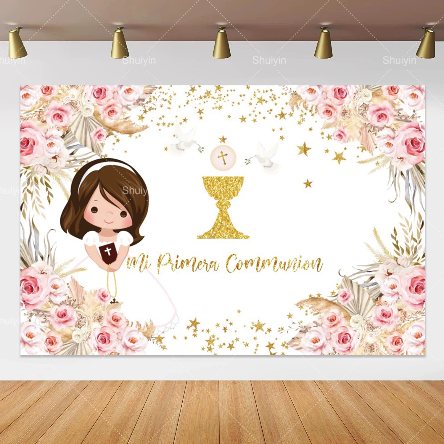 Boy Girl First Communion Backdrop Gold Cross Grail God Bless Baptism Party Decor Background Christening Baby Shower Photo Props