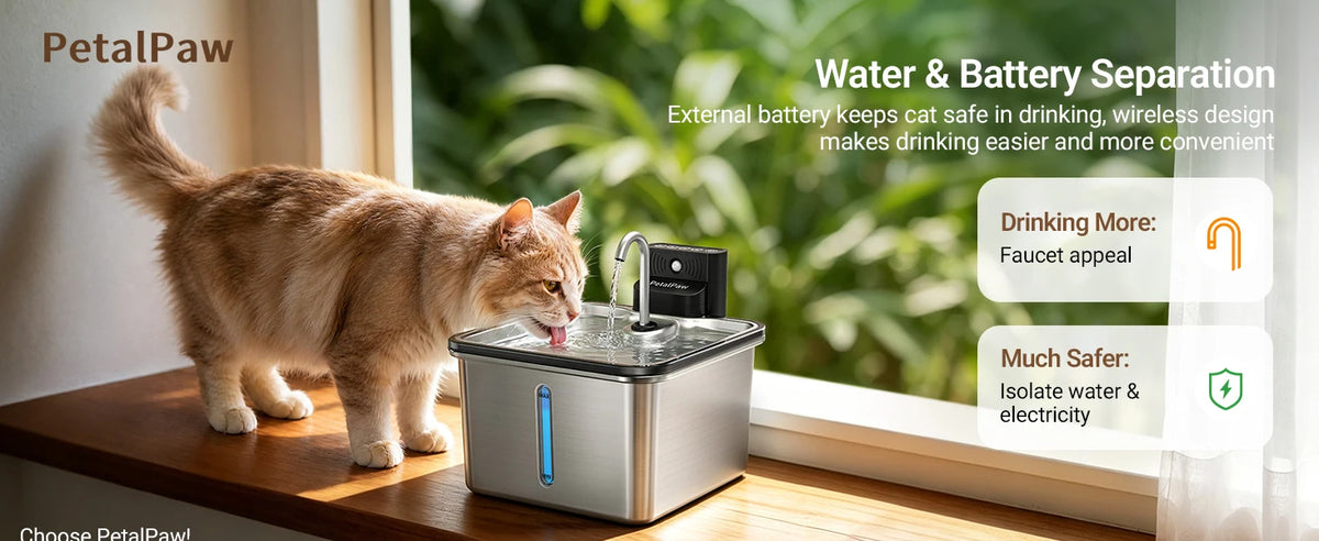 I YAN Wireless Cat Water Fountain with stainless steel design, 3.5L capacity, battery-powered, faucet style for indoor cats and small dogs.