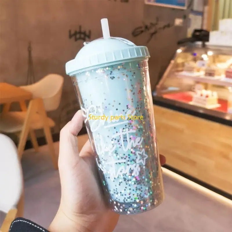 97QC 550ml Rainbow Plastic Water Bottle Double Layer Sequins Drinking Cup with Straw
