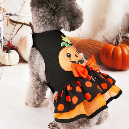 Halloween Pumpkin Dog Dress with Bow – Cute Costume for Small Dogs