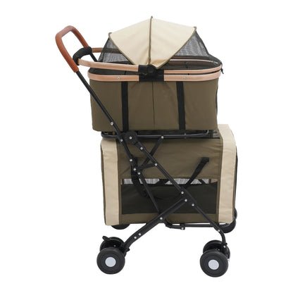 Foldable I YAN pet stroller for small and medium pets with sunshade, cushions, and safety locks, ideal for travel.