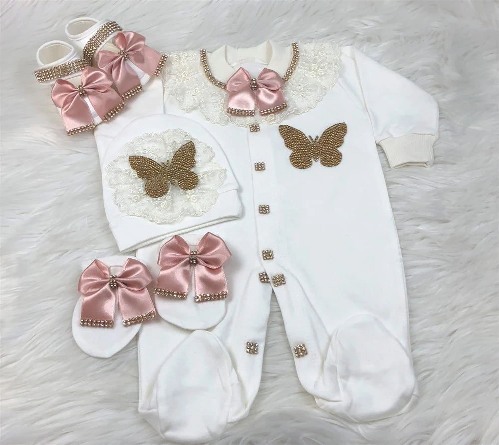 Luxury Newborn Baby Romper Set 4-Piece – Crystal Crown Layette for Photography & Coming Home - I YAN
