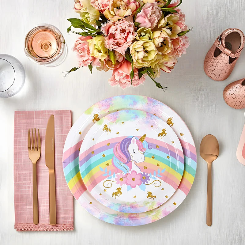 Unicorn Party Disposable Tableware Plates Napkin Rainbow Unicorn Birthday Party Decor Kids Birthday Party Supplies Baby Shower