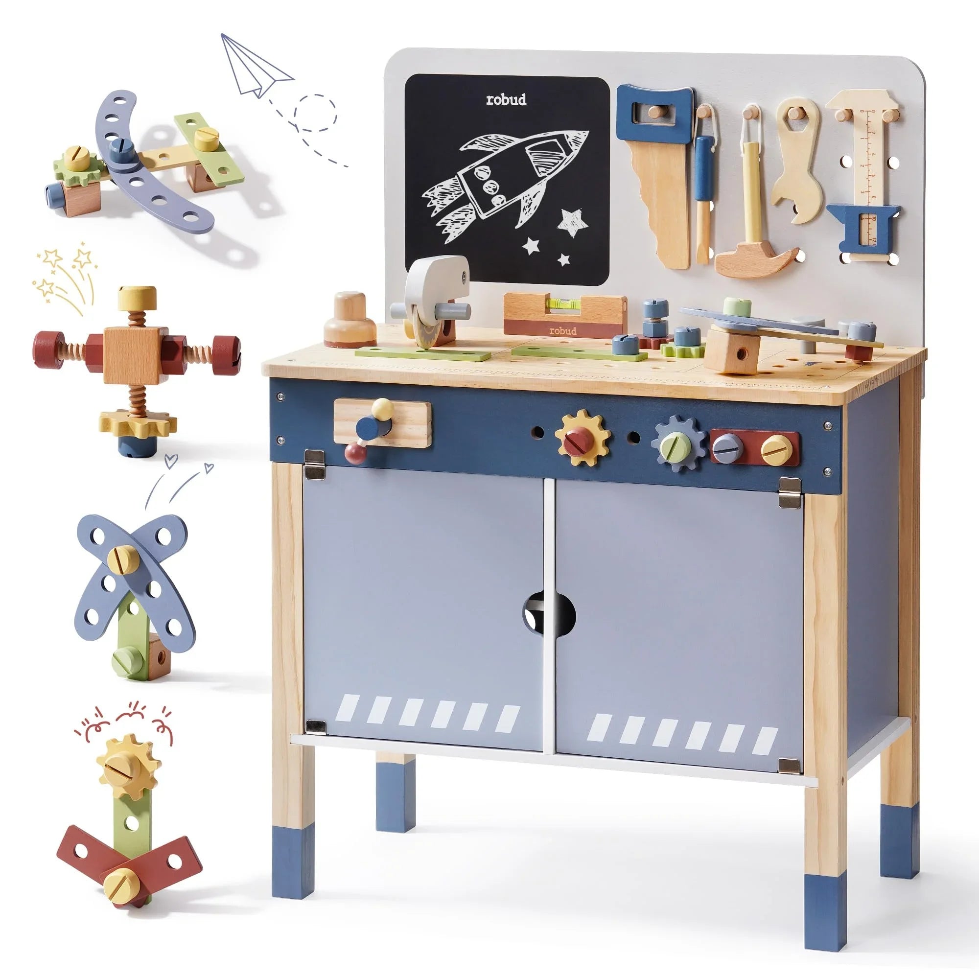 I YAN Robotime Robud wooden toy workbench for kids, with tools and accessories for pretend play and creative building.