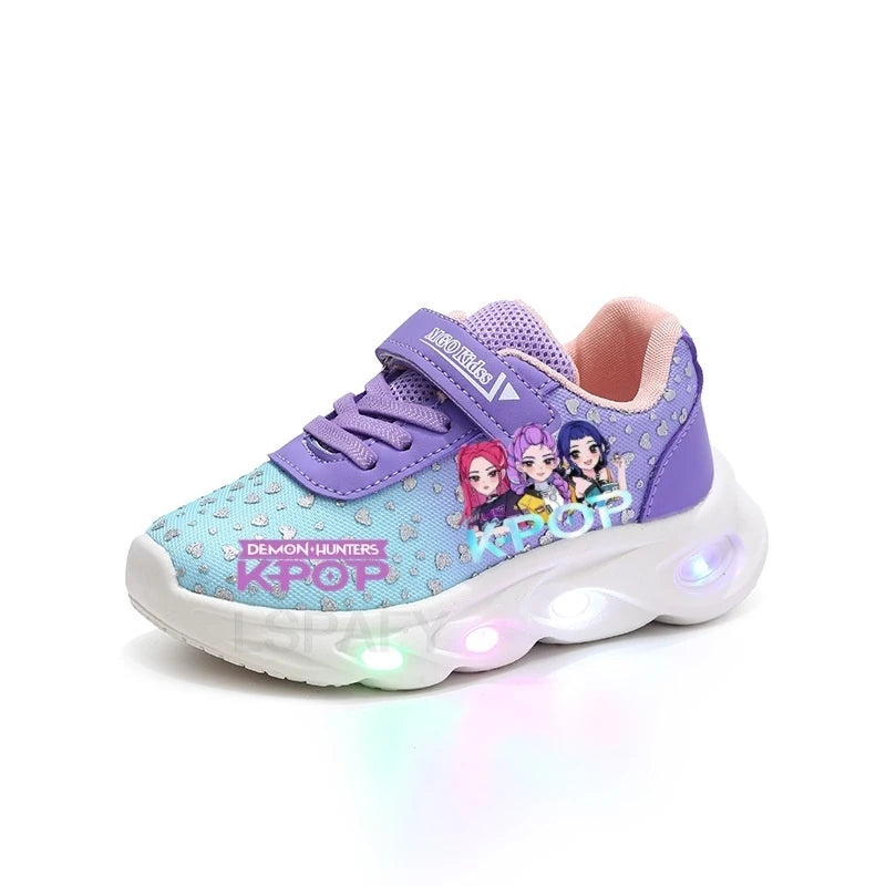 Kpop Demon Hunter LED Light Up Shoes 2026 Spring Autumn Mesh Soft Sole Cartoon Sneakers for Baby Girls Toddlers