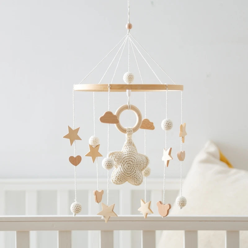 Crochet Stars Baby Crib Mobile – Wooden Bed Bell Hanging Toy for Newborns 0-12M - I YAN