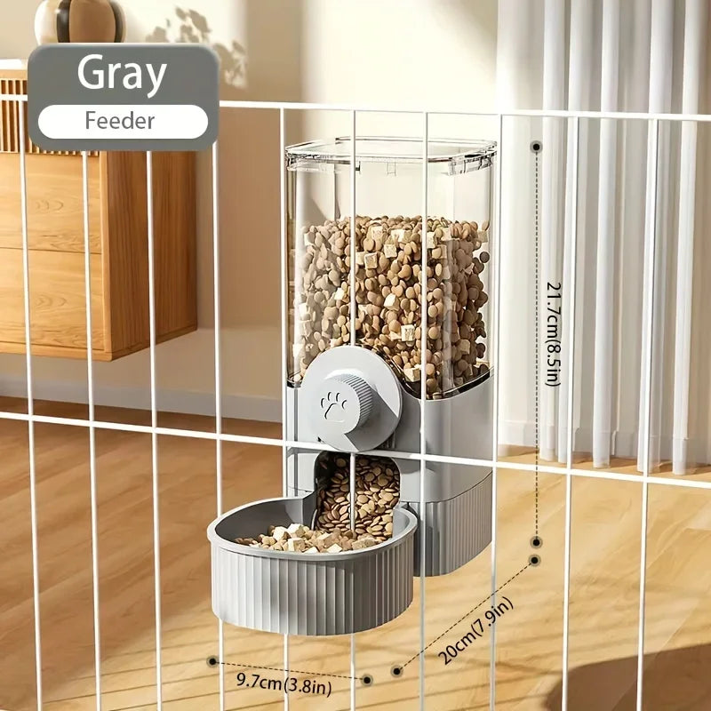 I YAN hanging automatic pet food and water dispenser set with container and bowl for cats or small pets in cage.