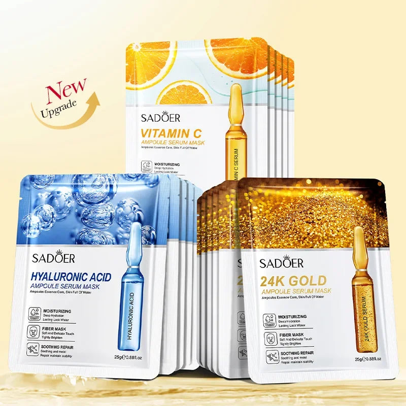 30/15pcs SADOER 24K Gold Vitamin C Hyaluronic Acid Facial Masks Face Moisturizing Firming Hydrating Face Mask Facial Skin Care