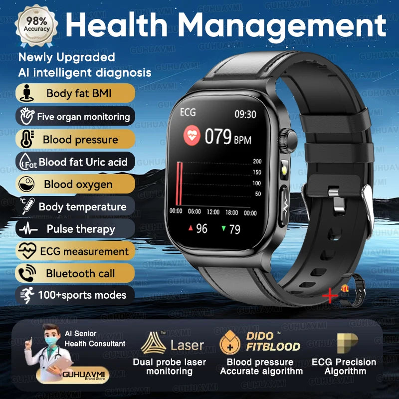 2025 New Precision detection ECG+PPG Uric acid Blood Fat SmartWatch Men Blood Pressure Blood oxygen Voice Call Health Smartwatch