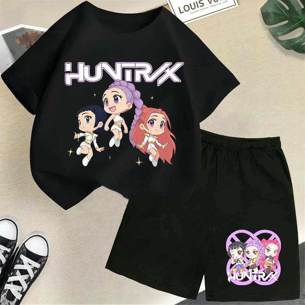 KPop Demon Hunters Saja Boys Kids T-Shirt – Cartoon Print Round Neck Casual Top (2pcs Set) - I YAN