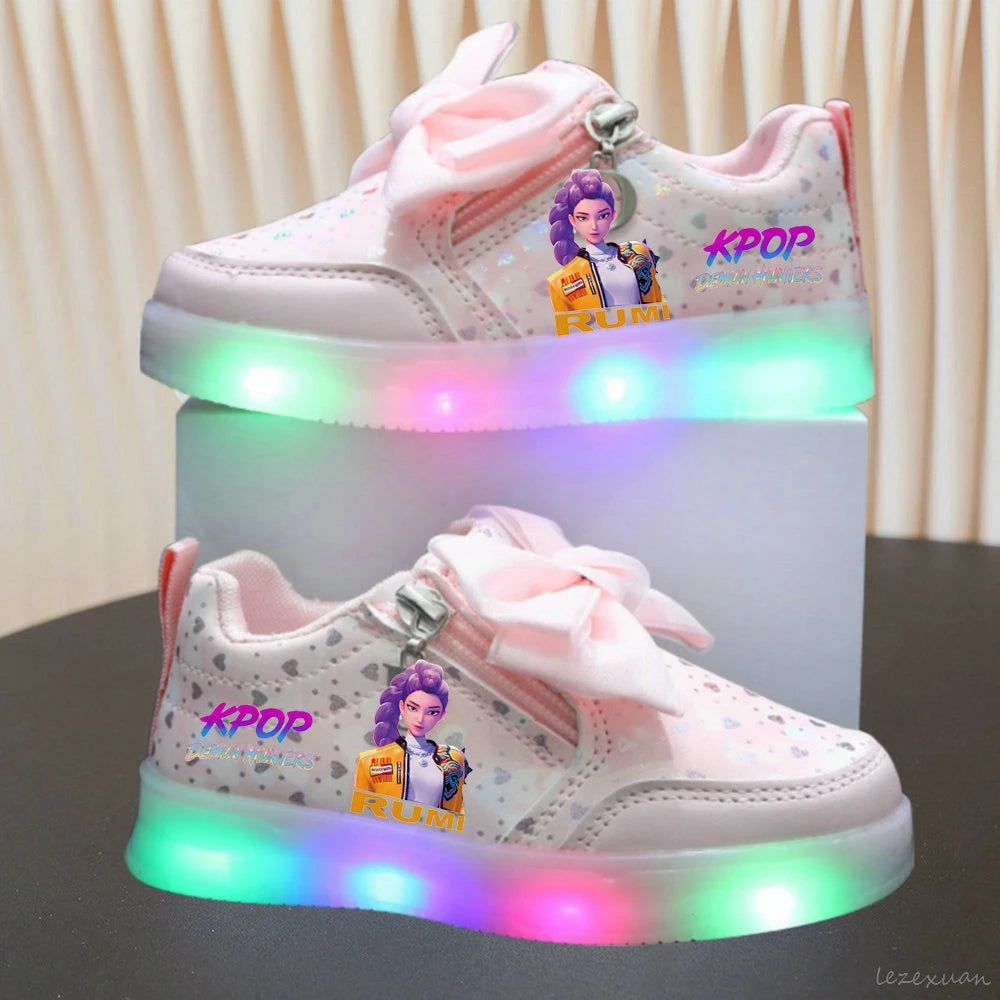 LED Casual Sneakers For Spring Girls KPop Demon Hunters Printed Mesh Breathable Shoes Children Lighted Non-slip Pink Purple
