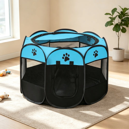 Foldable octagonal pet playpen by I YAN with breathable mesh, portable design for puppies, kittens, and small animals indoor or outdoor use.