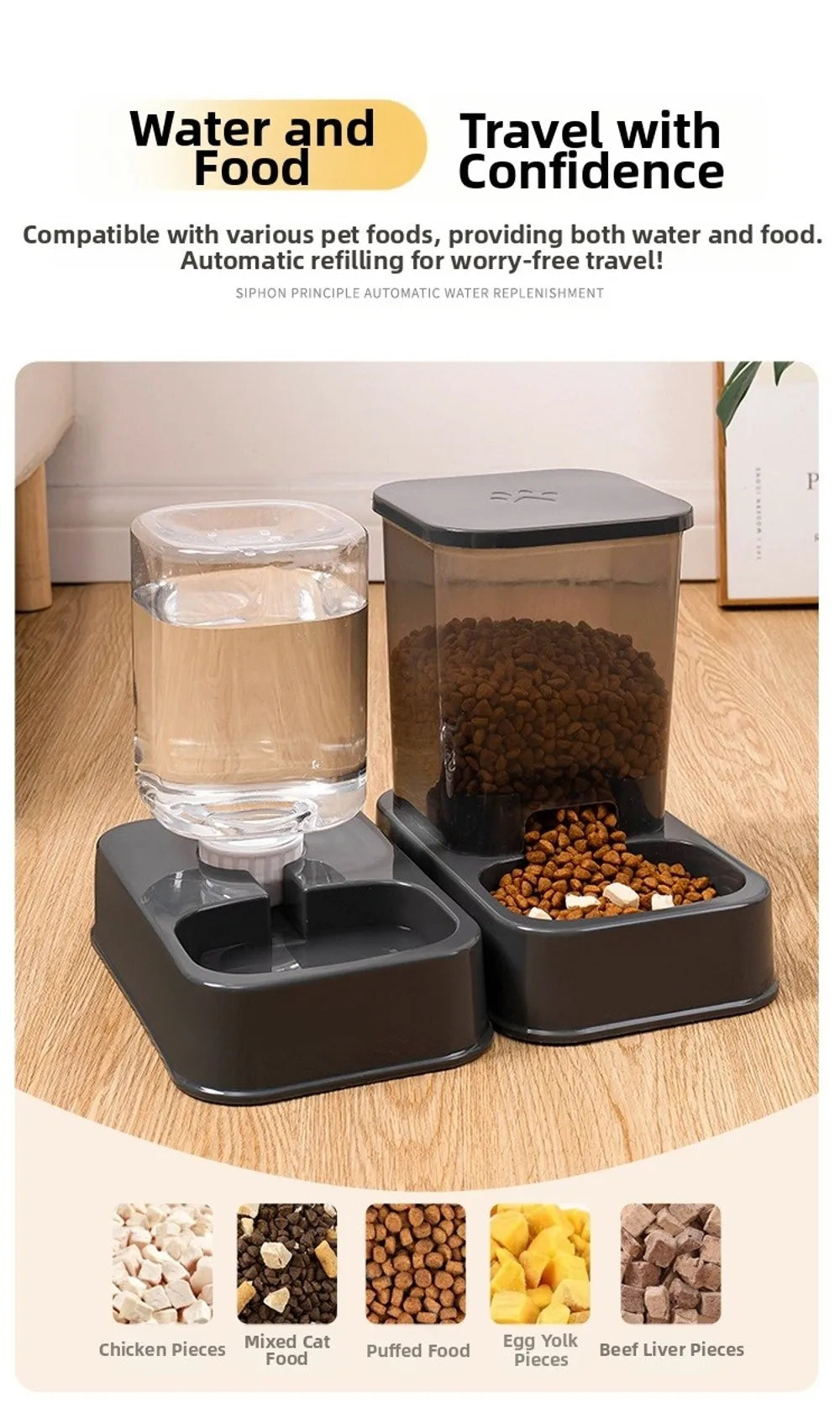 1.2L/1.5L Pet Automatic Feeder Plastic 2 Styles Cat Dog Water Dispenser Feeder Set Large Capacity 3 Colors