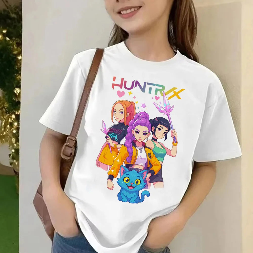 Movie KPop Demon Hunters T-shirt Summer Short Sleeve Tee for Children Casual Loose Girl Boy Graphic Printed Tops