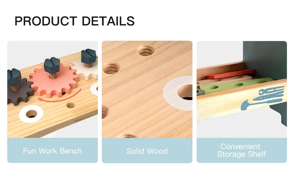 Robotime I YAN mini wooden work bench set with toy tools, ideal for kids' educational pretend play and construction activities.