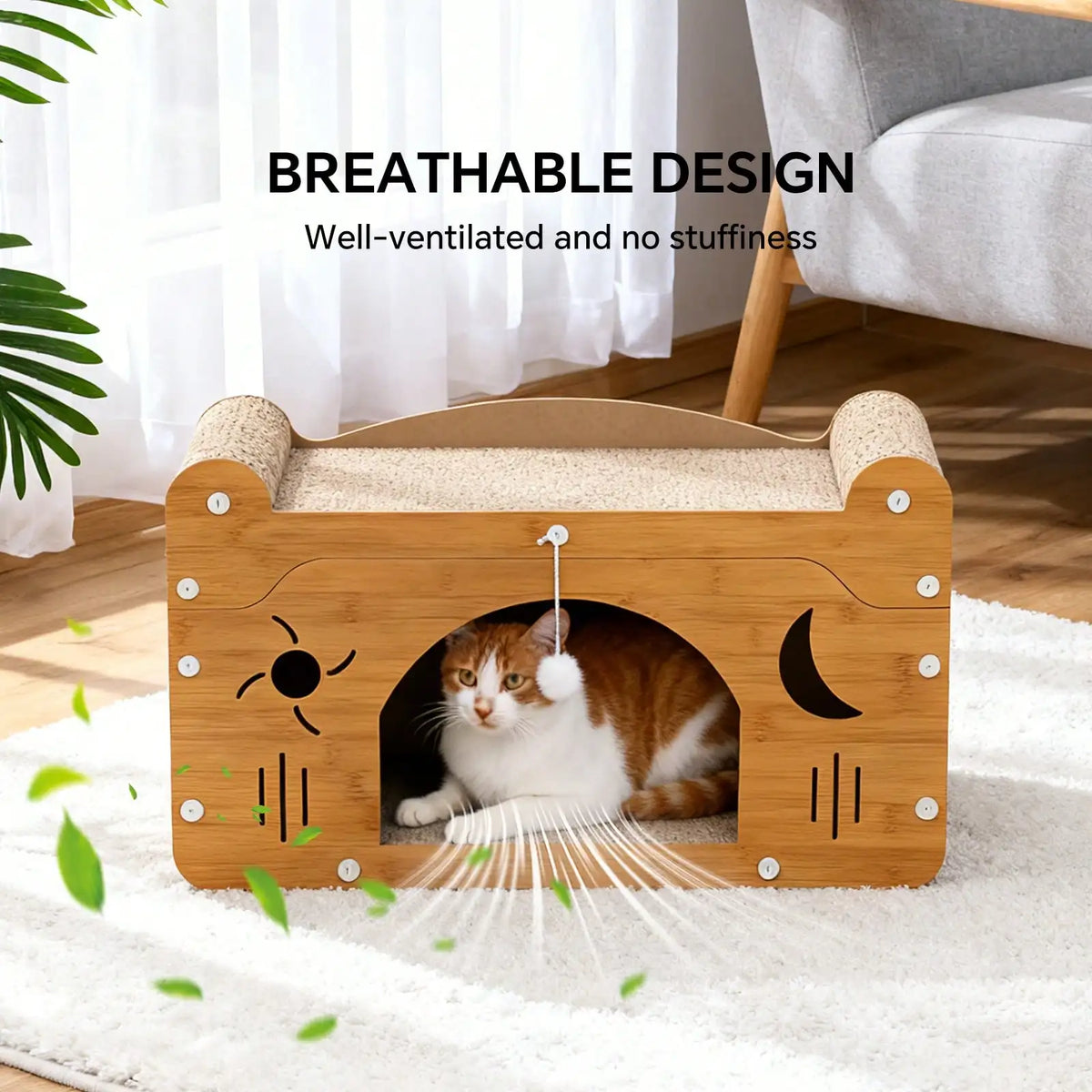 I YAN 2-in-1 double layer cat scratcher lounge with cardboard hideaway and colorful pom pom toys for cats to scratch and play.
