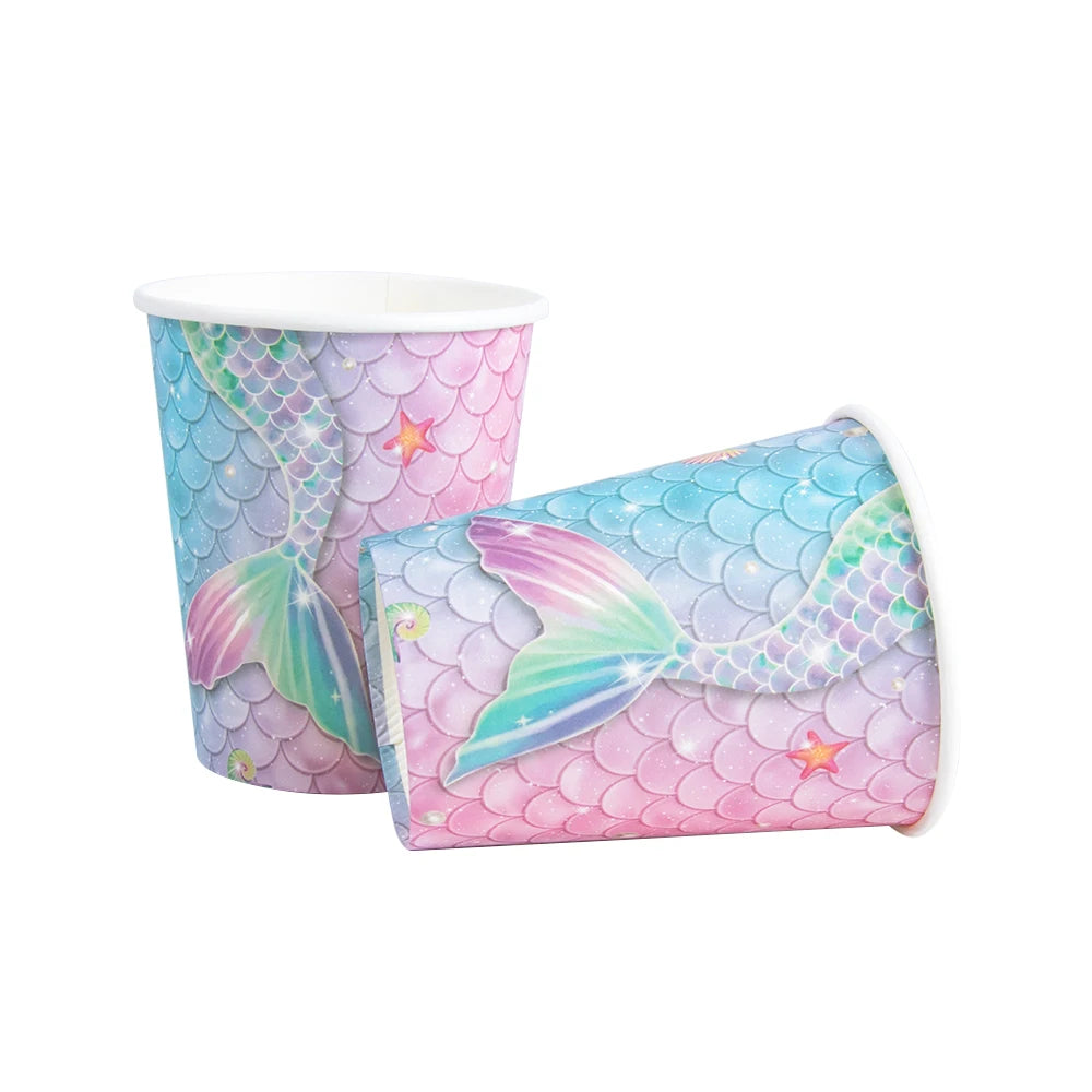 Mermaid Themed Party Disposable Tableware Little Mermaid Tail Paper Plates Cups Napkins Banner Birthday Party Decoration Supplie