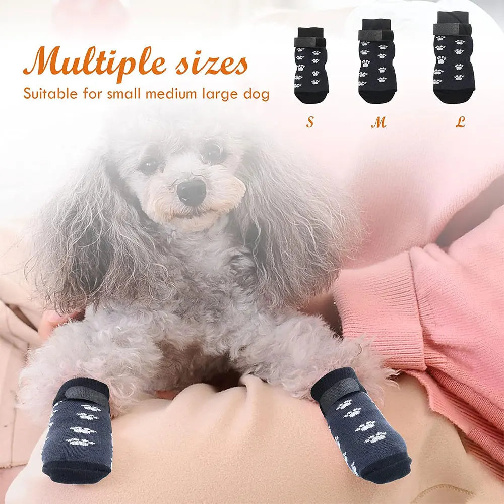 I YAN anti-slip dog socks 4-pack with strong grip paw protectors designed to prevent licking and scratching on hardwood floors.