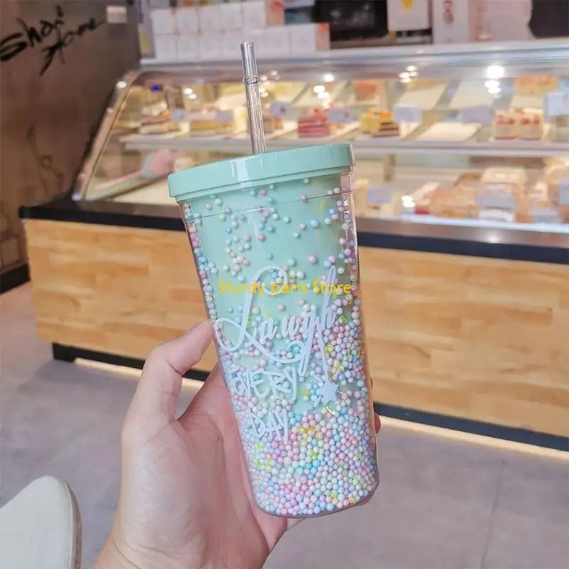 97QC 550ml Rainbow Plastic Water Bottle Double Layer Sequins Drinking Cup with Straw