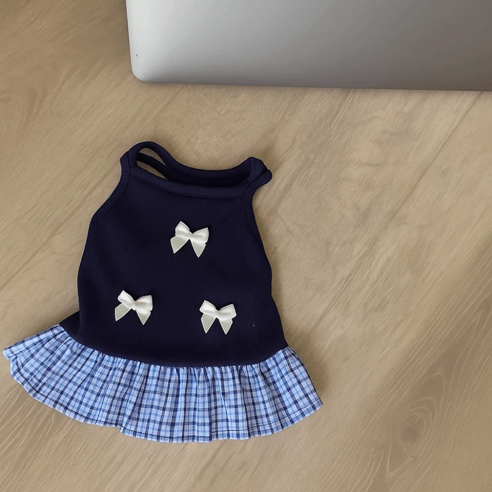 Pet Apparel Korean Style Dog Princess Skirt Breathable Thin Pet Strap Dress Bowknot Plaid Soft Pet Summer Clothes for Puppy Cats