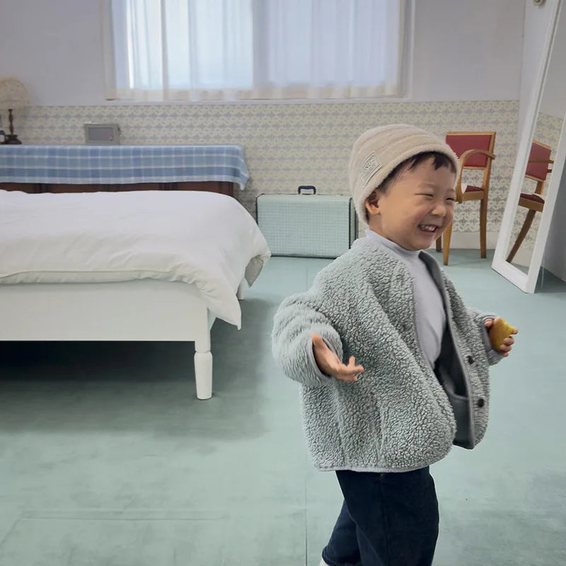 5125 Korean Children's Clothing 2024 Winter Boys and Girls Pure Color Lamb Wool Coat Plus Velvet Padded Jackets