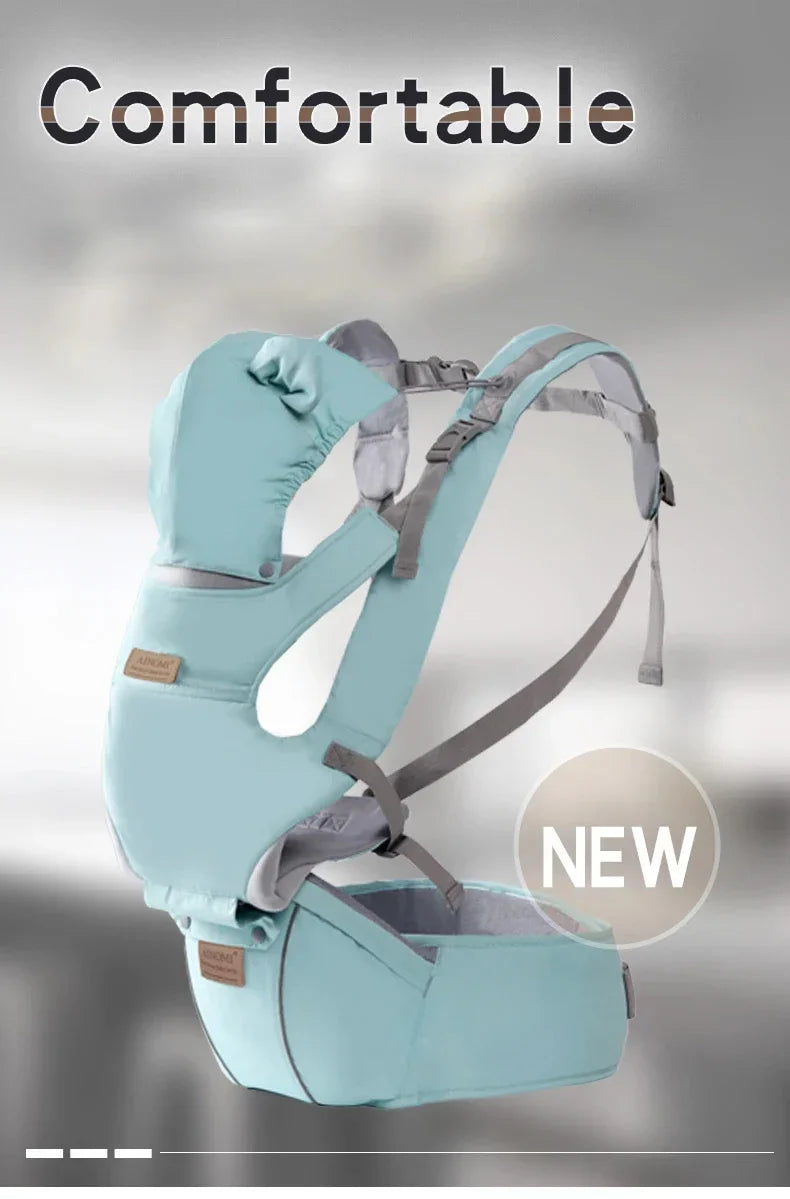 Baby hipseat carrier backpack by I YAN with windproof hat, ergonomic design for infants 0-36 months, shown with adjustable straps and support.