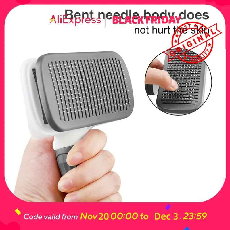 I YAN one-button pet deshedding brush with ergonomic grip, showing its easy-to-clean design and detangling bristles for dogs and cats.