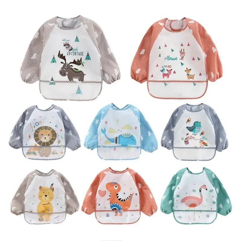 For1-3Year Baby Long Sleeve Scarf Waterproof Toddler Art Smock Feeding Bib Apron Pocket Infant Boys Girls Burp Cloth Banana Bibs