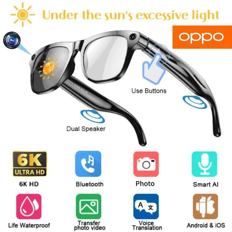 OPPO 4K HD AI Smart Glasses Photochromic Multifunction Bluetooth Calling Photo ChatGPT Music Control Translation Sunglasses NEW