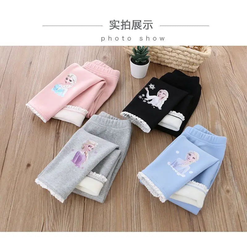 Disney Frozen Elsa Princess Girls Cotton Pants Baby Girls Winter Velvet Warm Long Pants Children's Cartoon Outerwear Leggings
