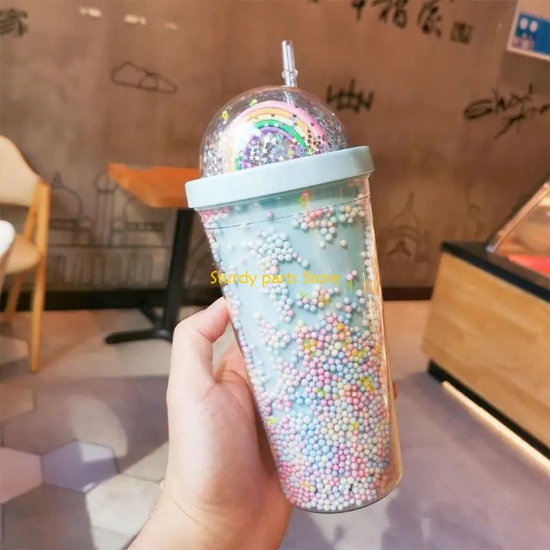 97QC 550ml Rainbow Plastic Water Bottle Double Layer Sequins Drinking Cup with Straw