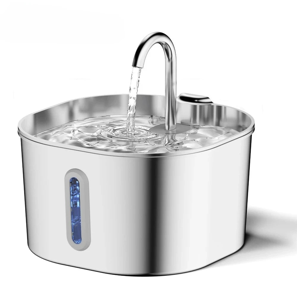 2.2L Automatic Cat Water Fountain Square Stainless Steel Pet Water Feeder Dog Water Fountain with window（No 5V 1A Plug）