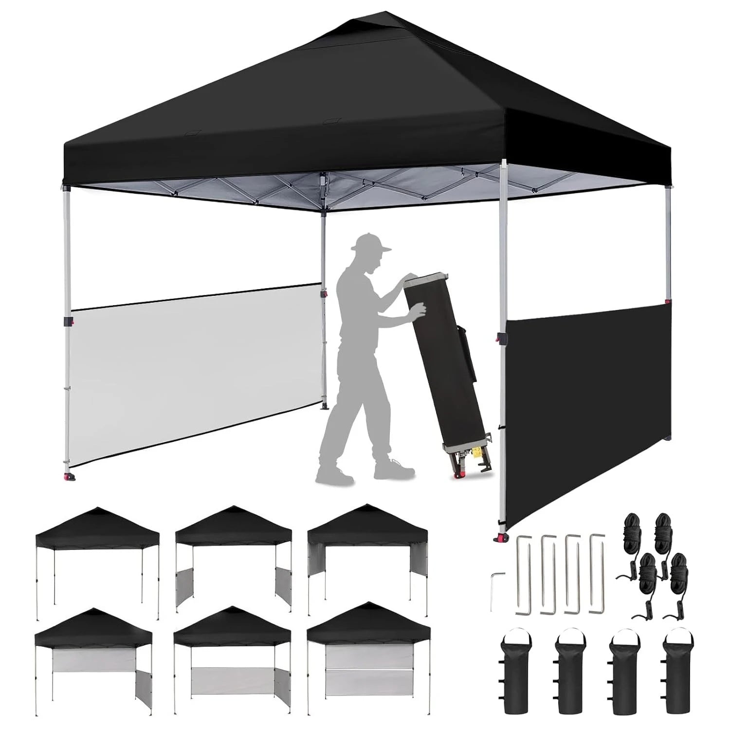 10x10 Pop up Canopy Tent Instant Canopy with 150D Silver Coated Fabric Including 2 Half Sidewalls, 4 Ropes, 8, Customized