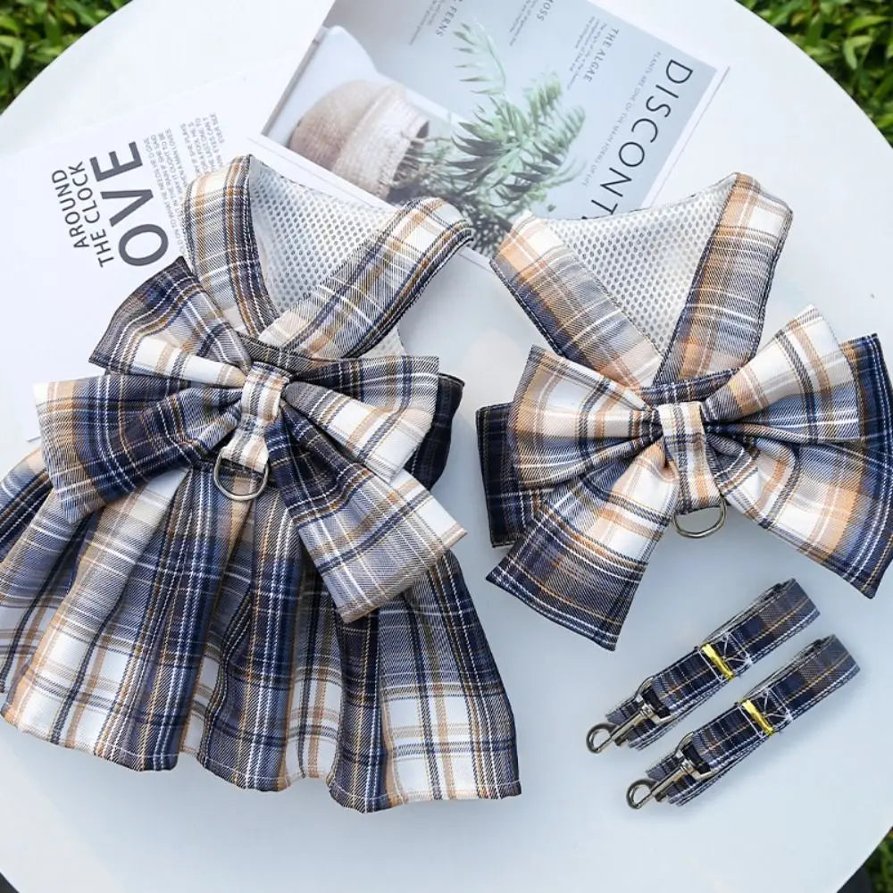 I YAN reusable plaid dog harness with leash attachment, adjustable washable pet skirt and bow for small dogs, rabbit-themed design