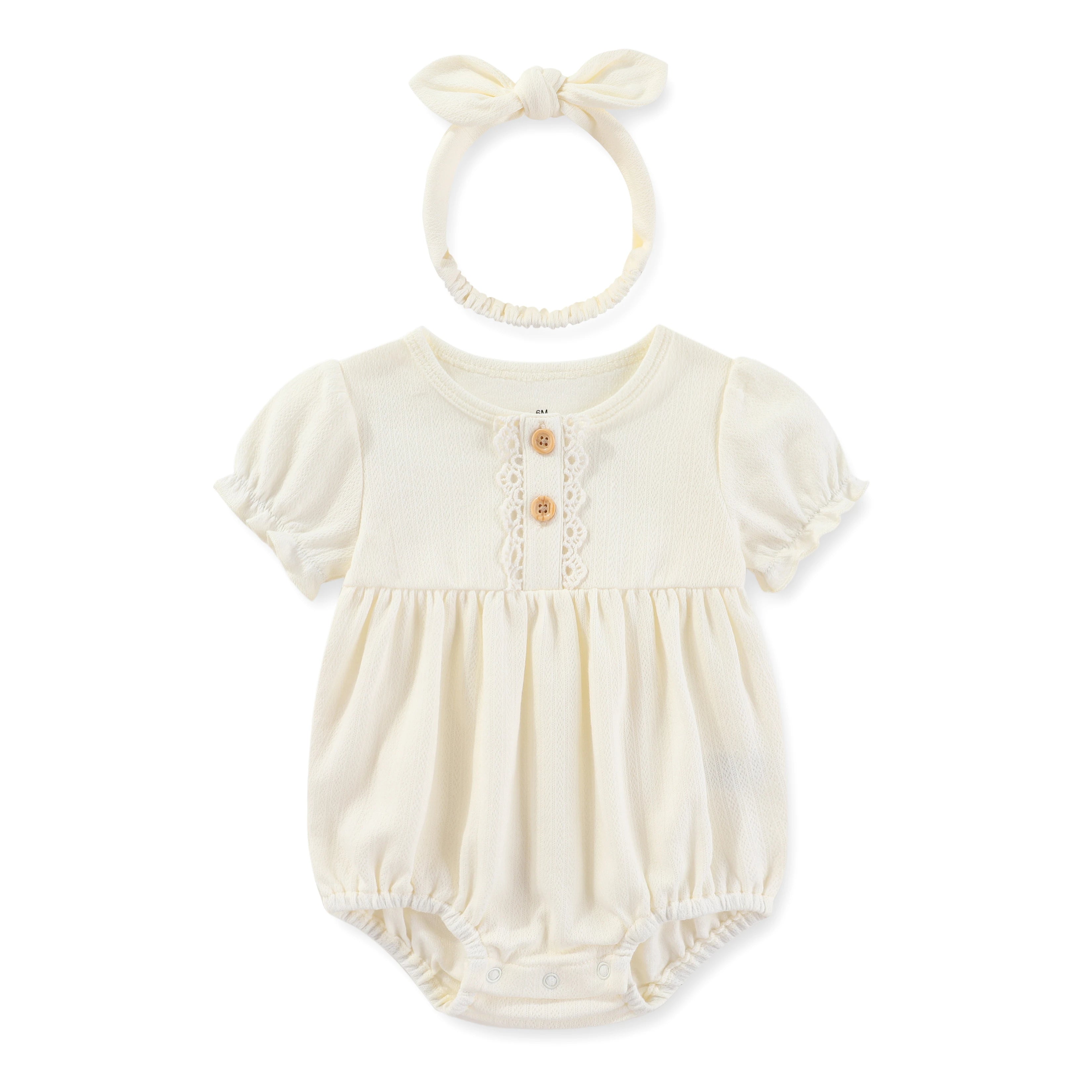 Baby Girl Clothes Sets Cotton Bodysuit +Headband Short Sleeve Newborn Baby Girl Jumpsuit Summer Solid Color 6-24Months Bebes